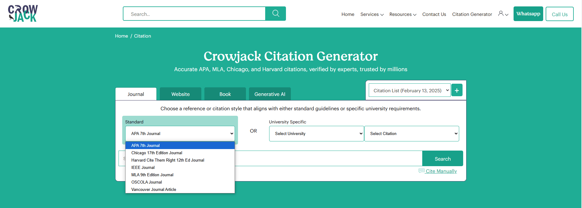 An image of crowjack citation generator showcasing the source type as Generative AI