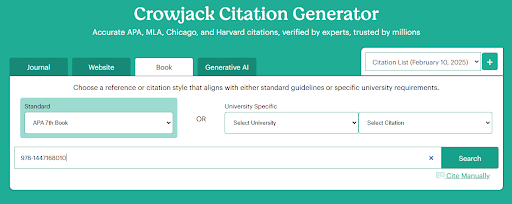 An image of crowjack's citation generator showing citation of a book using ISBN number