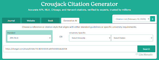 An image of crowjack's citation generator showing citation functionality using generative AI