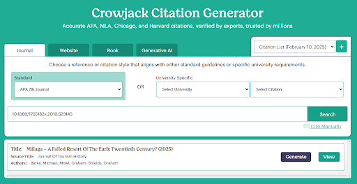 An image of crowjack's citation generator showing 'SEARCH RESULT'