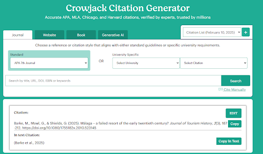 An image of crowjack's citation generator showing 'SEARCH RESULT'