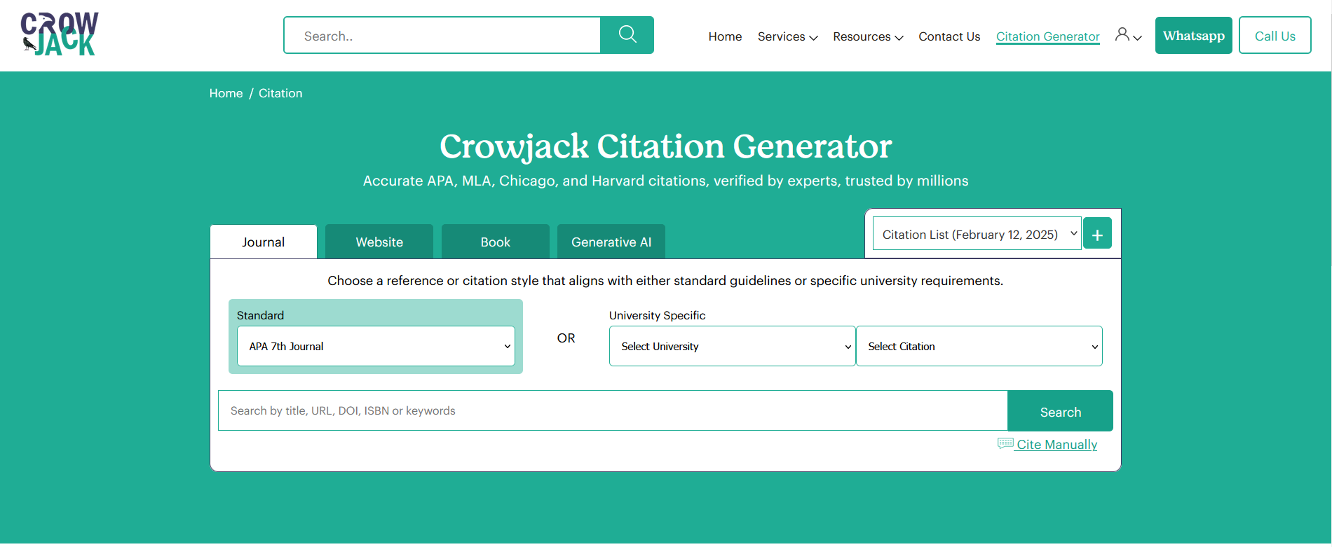 An image of crowjack citation generator showcasing the source type as Journal