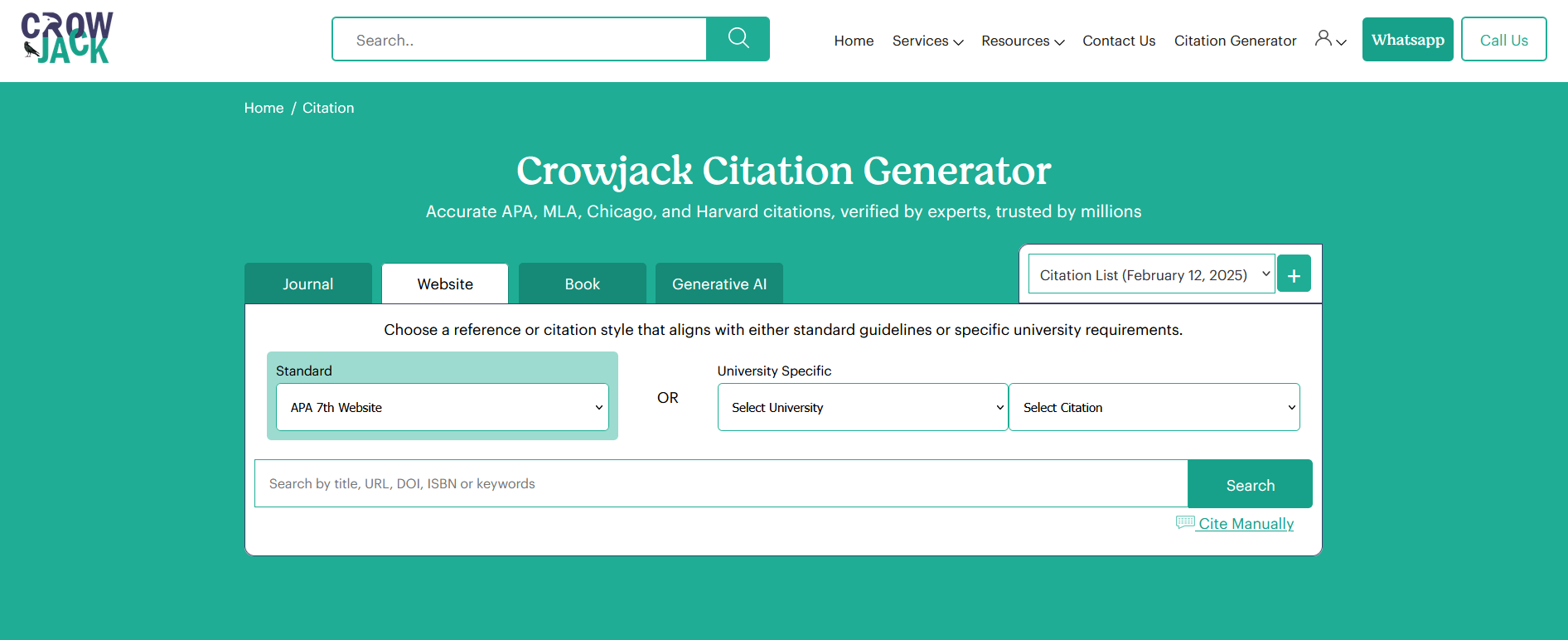 An image of crowjack citation generator showcasing the source type as Website