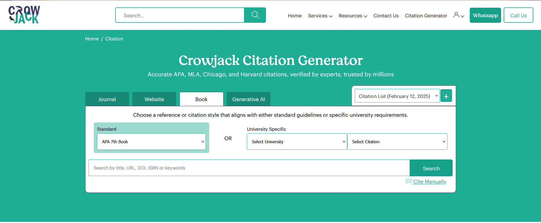 An image of crowjack citation generator showcasing the source type as Book