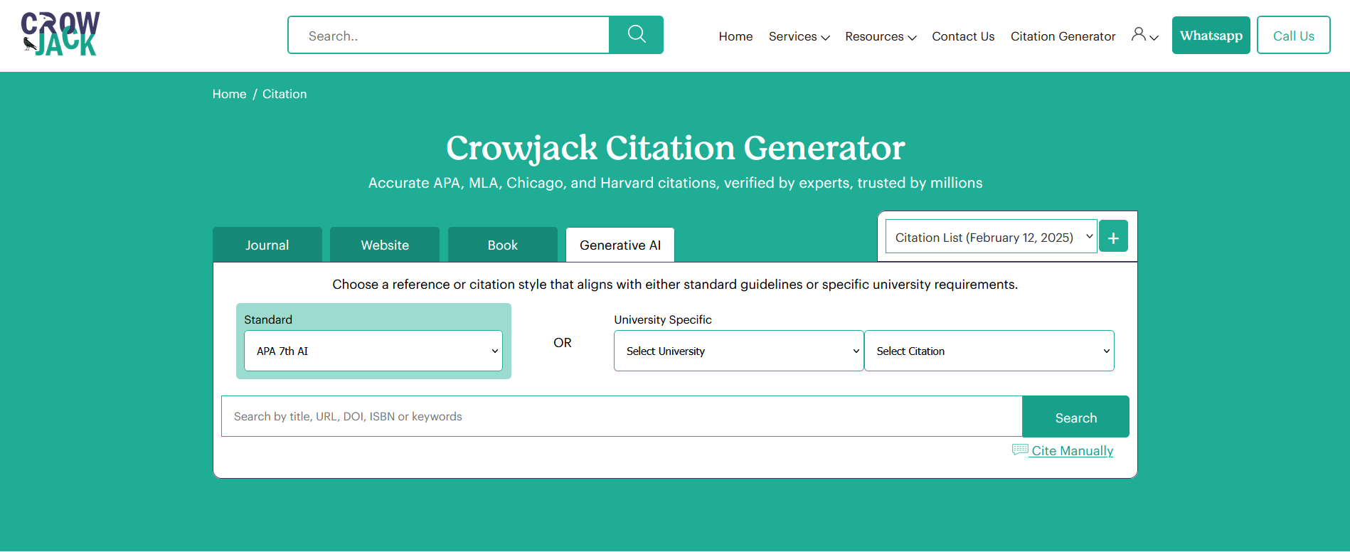 An image of crowjack citation generator showcasing the source type as Generative AI