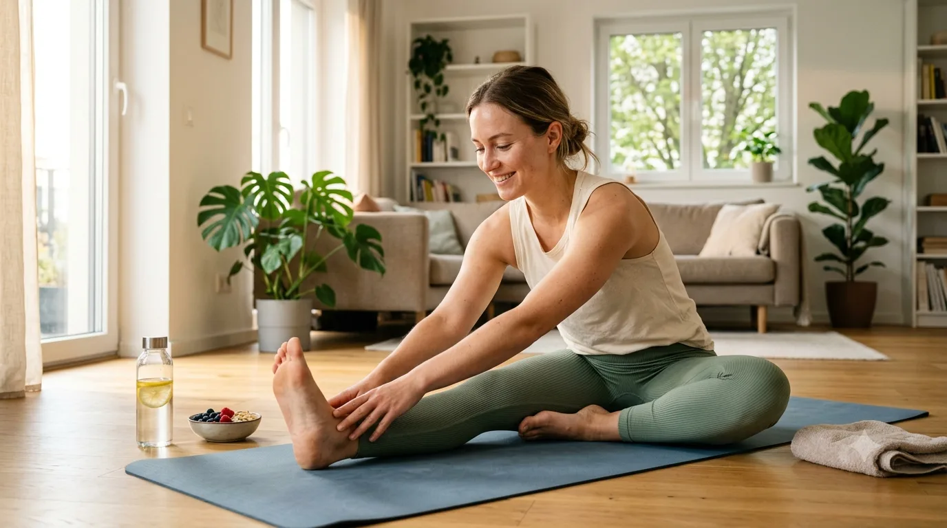 A woman in activewear performs a seated leg stretch on a blue yoga mat inside a bright, modern living room filled with houseplants, next to a water bottle and a bowl of fresh fruit.