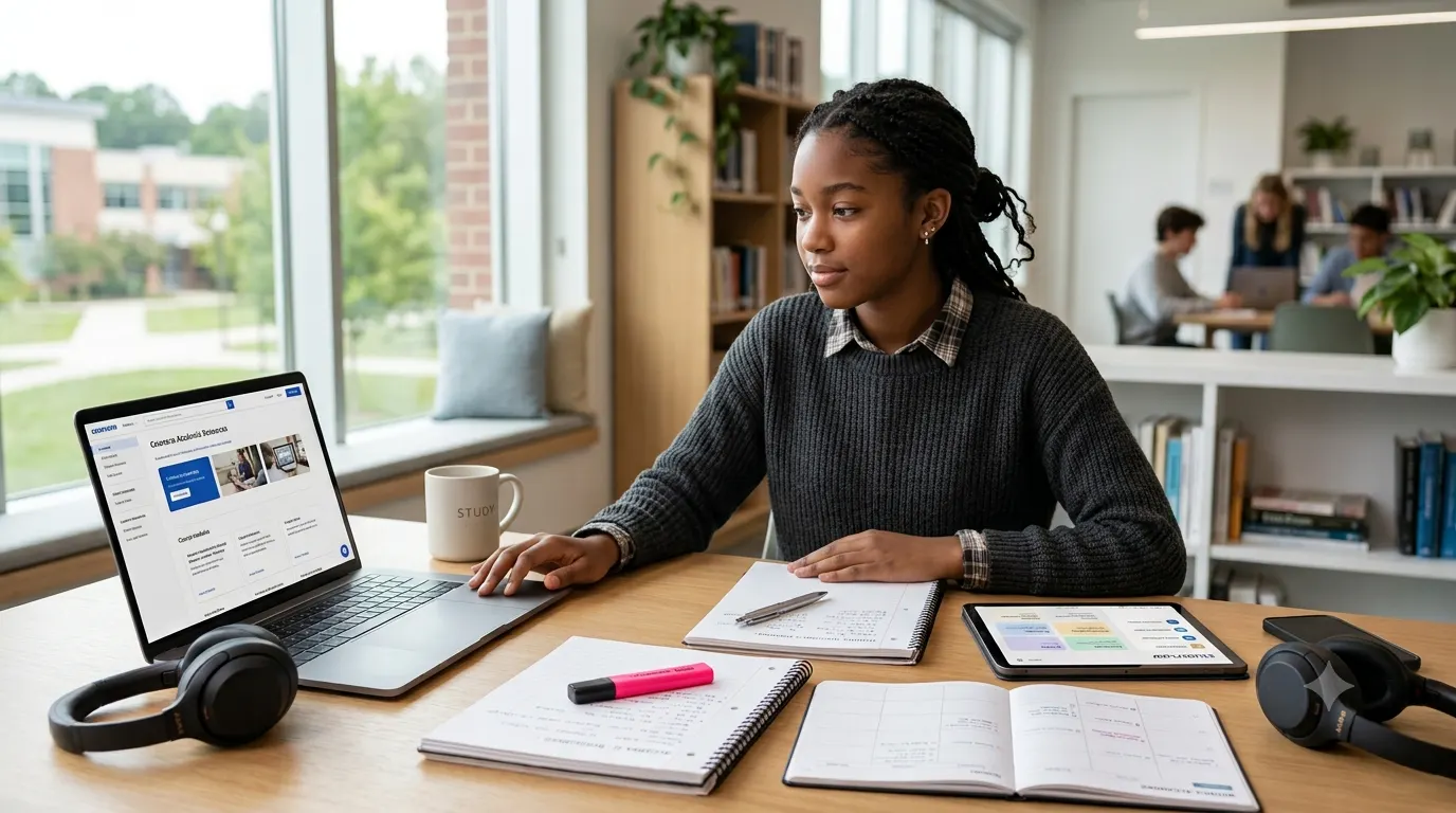 High school student comparing academic resources on a laptop and tablet at an organized study desk, with notebooks, planner, headphones, and study materials nearby, representing effective student support, academic planning, learning, productivity, and educational success.