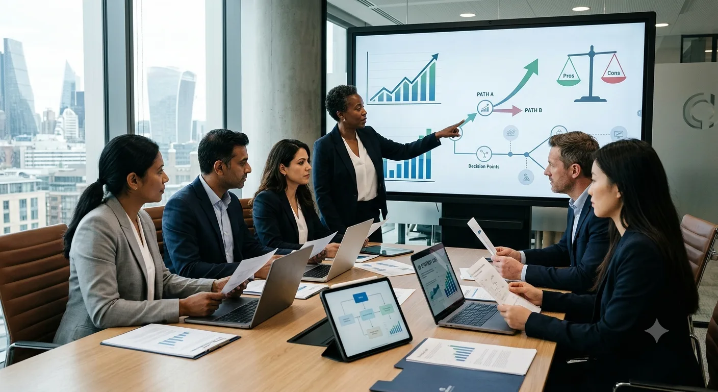 Business executives collaborate around data charts and strategic plans, evaluating options, analyzing financial information, discussing growth opportunities, and making informed decisions for long-term business success.