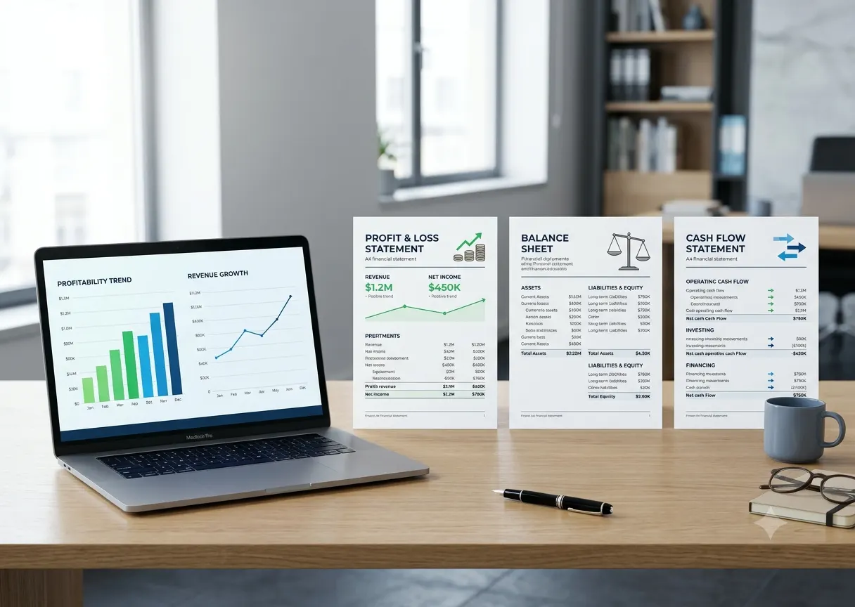 A laptop showing blue and green financial charts sits on a wooden desk next to three printed financial statements—Profit & Loss, Balance Sheet, and Cash Flow—alongside a pen, glasses, and a blue mug in a bright office.