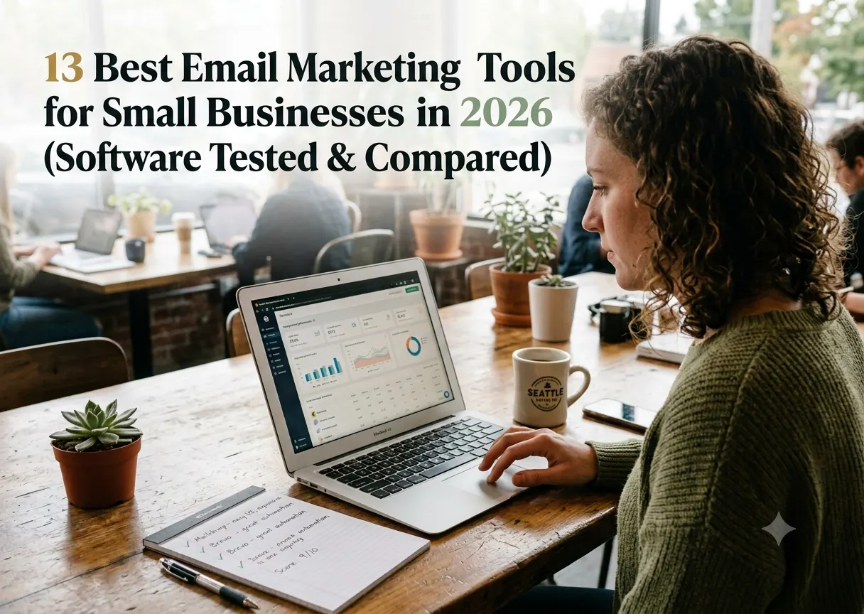 A woman sits in a coffee shop reviewing email analytics on a laptop, alongside the title overlay "13 Best Email Marketing Tools for Small Businesses in 2026.