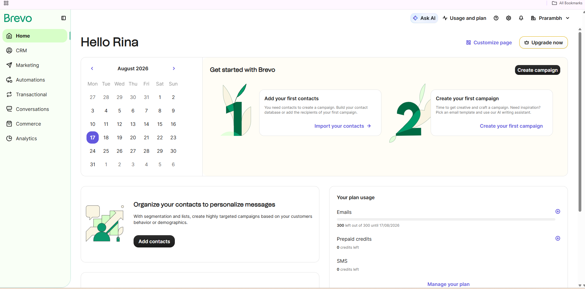 Brevo dashboard showing CRM, Marketing, Automations and Analytics tools in the main workspace.