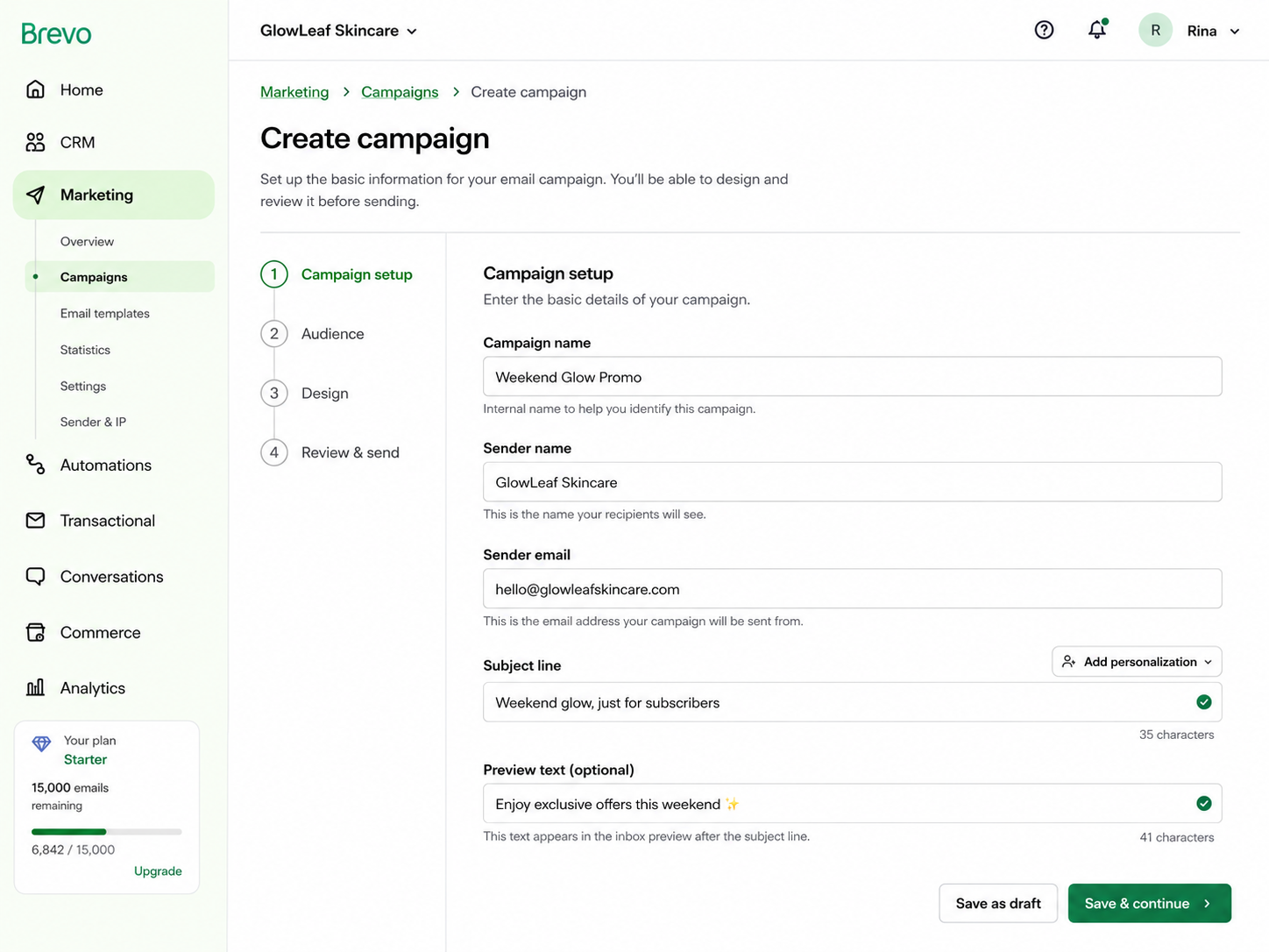 Brevo create campaign screen with campaign name, sender details, subject line and setup steps.