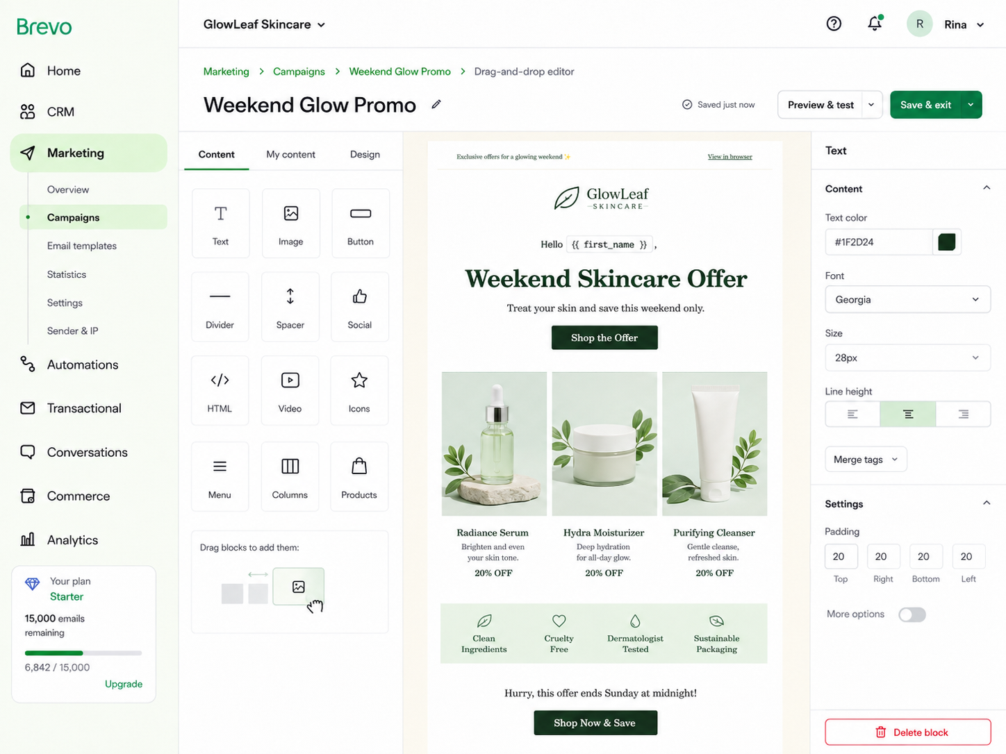 Brevo drag-and-drop email editor with content blocks, design controls and a skincare promotion email.