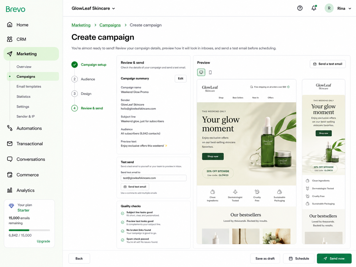Brevo campaign preview showing desktop and mobile email views with test-send and scheduling options.