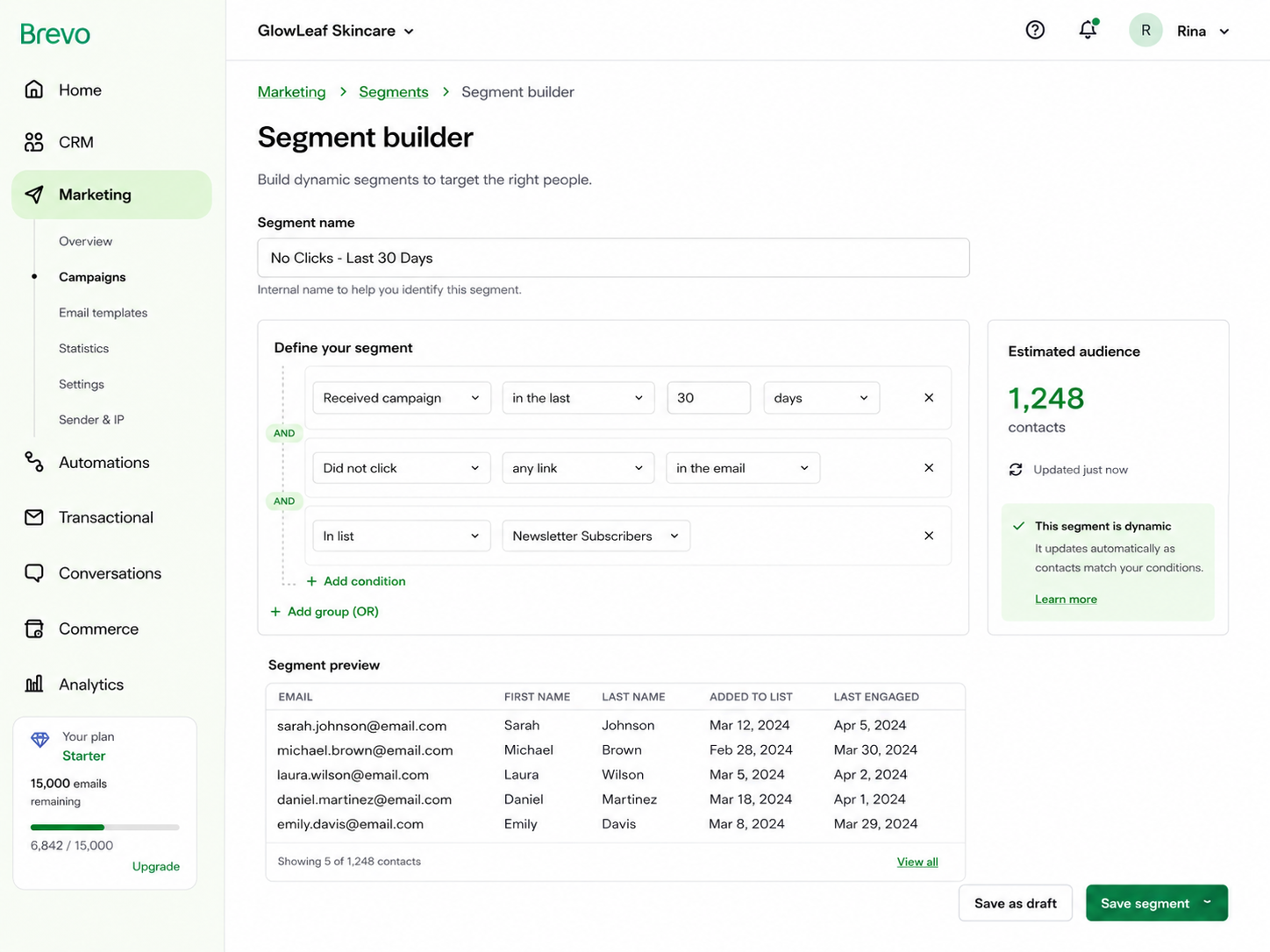 Brevo segment builder with engagement conditions, subscriber filters and an estimated audience count.