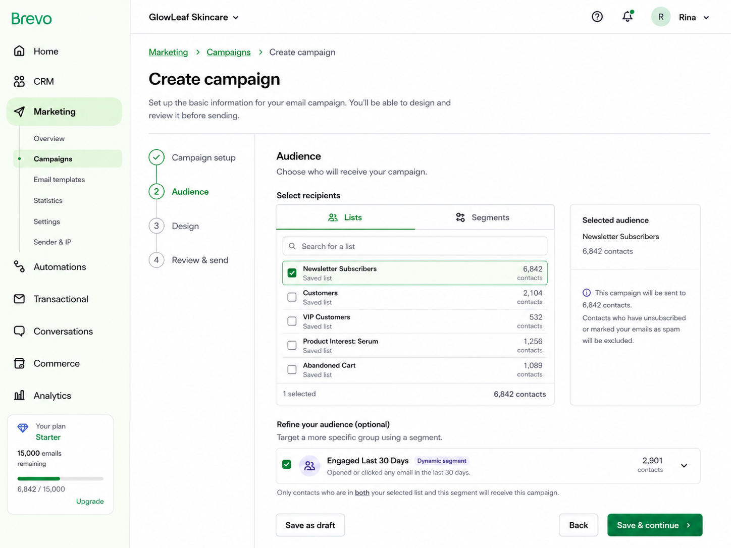Brevo recipient selection screen showing lists, segments, exclusions and selected audience count.