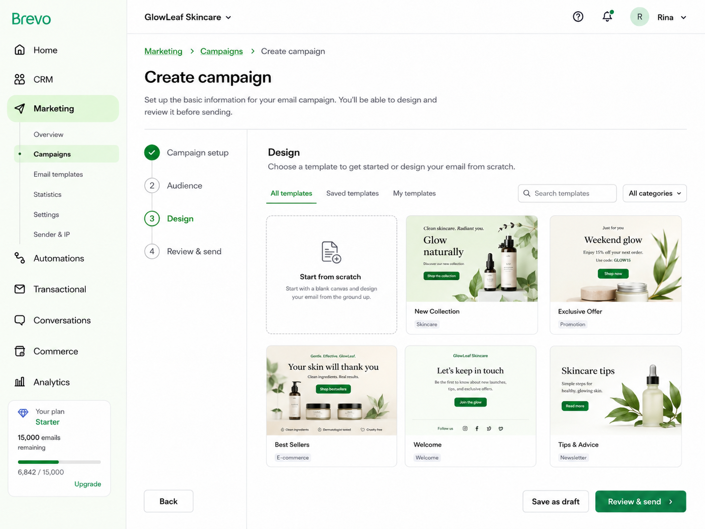 Brevo email template library showing prebuilt campaign templates and the option to start from scratch.