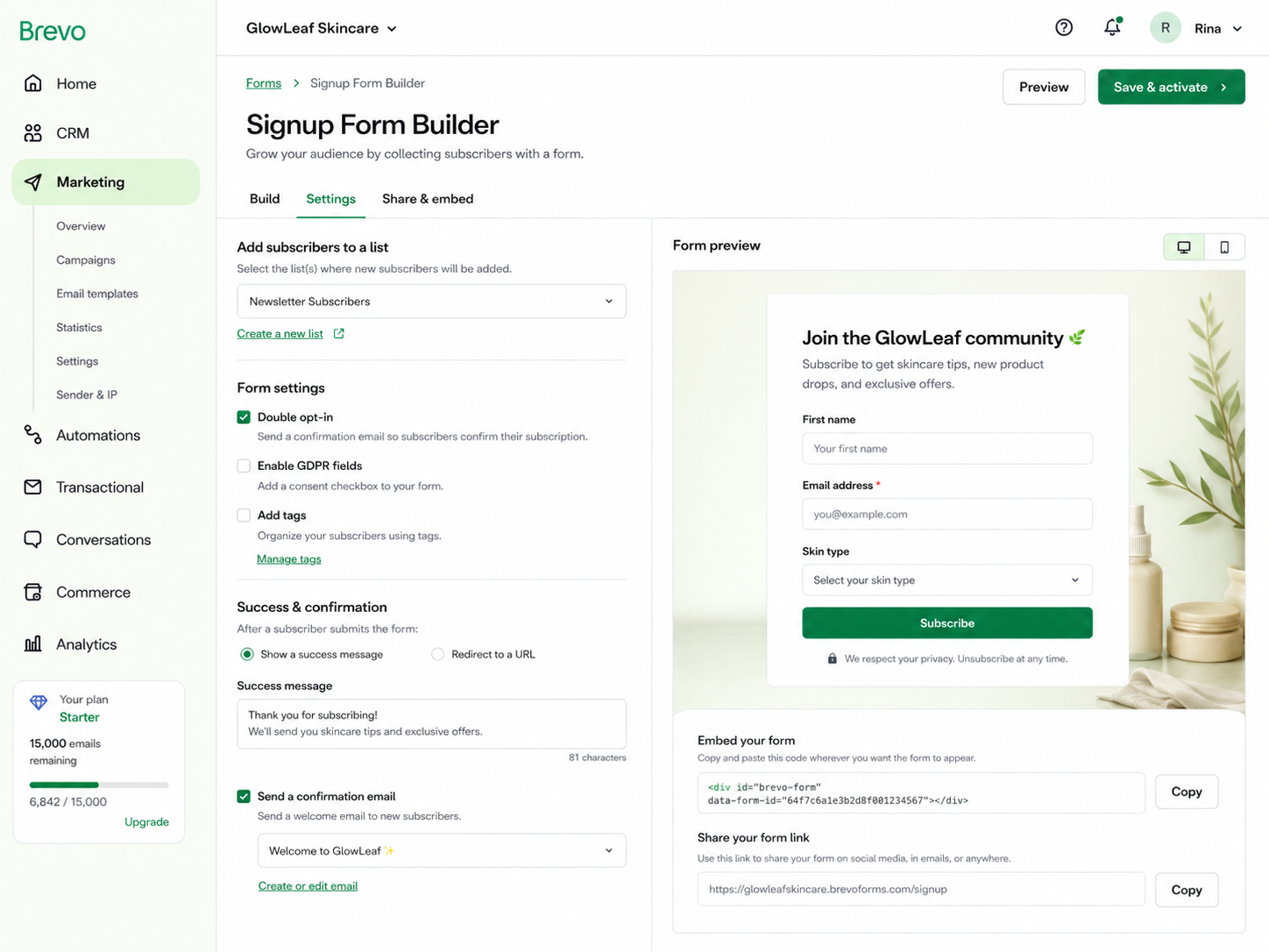 Brevo signup form builder showing form fields, list settings, confirmation options and form preview.