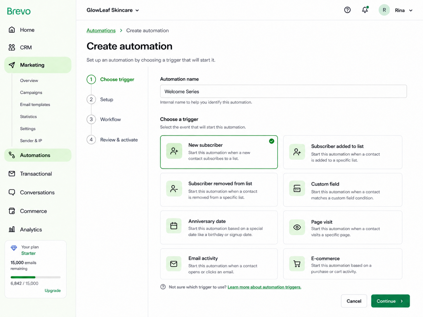 Brevo automation setup screen showing trigger options such as new subscriber, list activity and page visit.