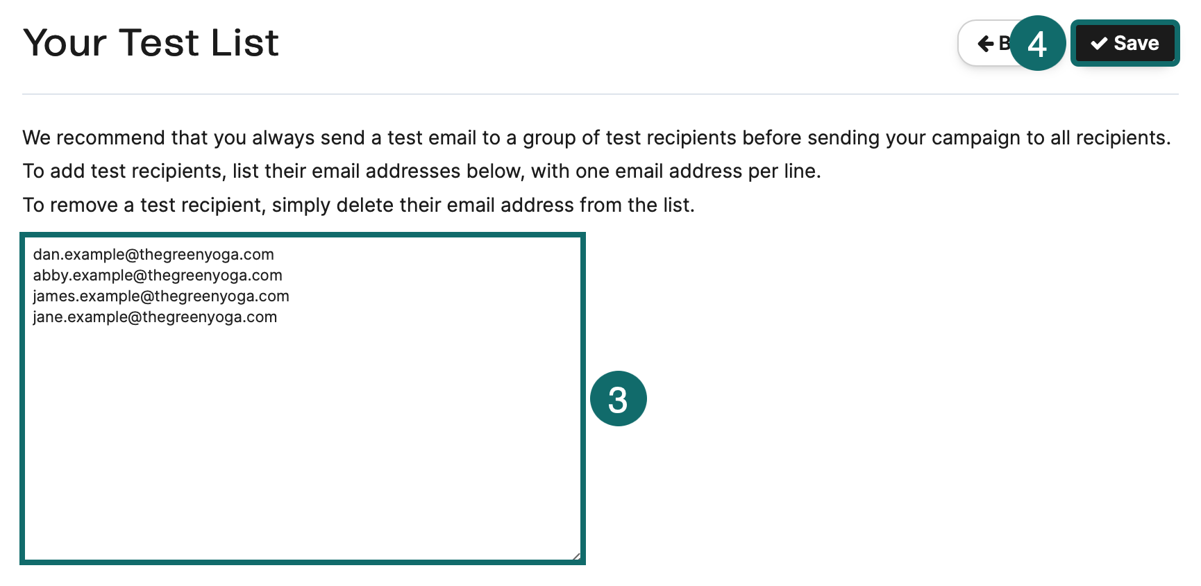 Brevo test list settings showing email addresses used to send campaign test emails before launch.