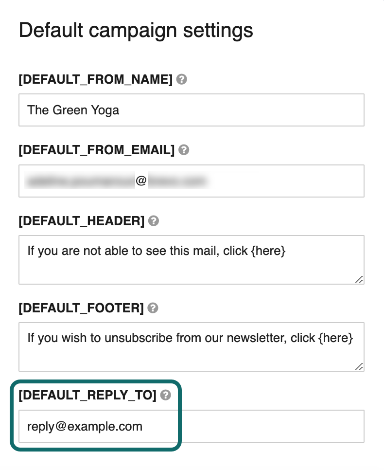 Brevo default campaign settings for sender name, sender email, header, footer and reply-to address.