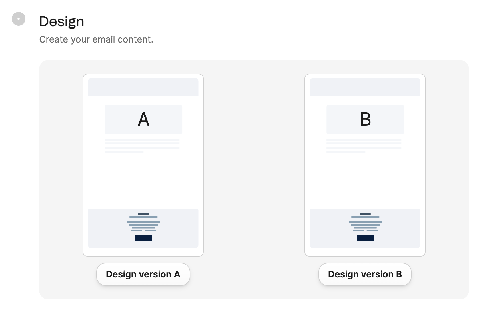 Brevo A/B test setup showing separate design versions A and B for email campaign testing.
