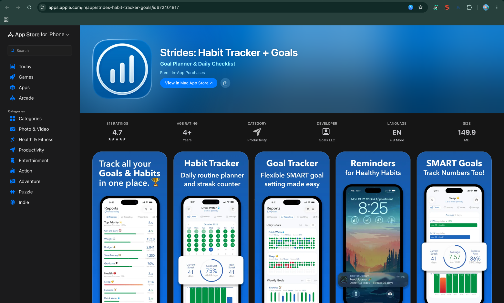 Screenshot of the Apple App Store page for "Strides: Habit Tracker + Goals," featuring its blue header banner, 4.7-star rating, and preview screens illustrating goal setting, daily habit tracking, SMART goal analytics, and reminders.