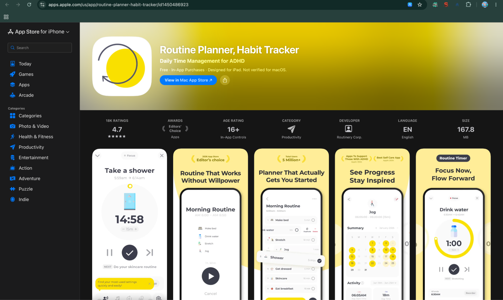 Screenshot of the Apple App Store page for "Routine Planner, Habit Tracker," highlighting its yellow header banner, 4.7-star rating, Editor's Choice award, and preview screens focused on daily ADHD time management, morning routines, and timers.