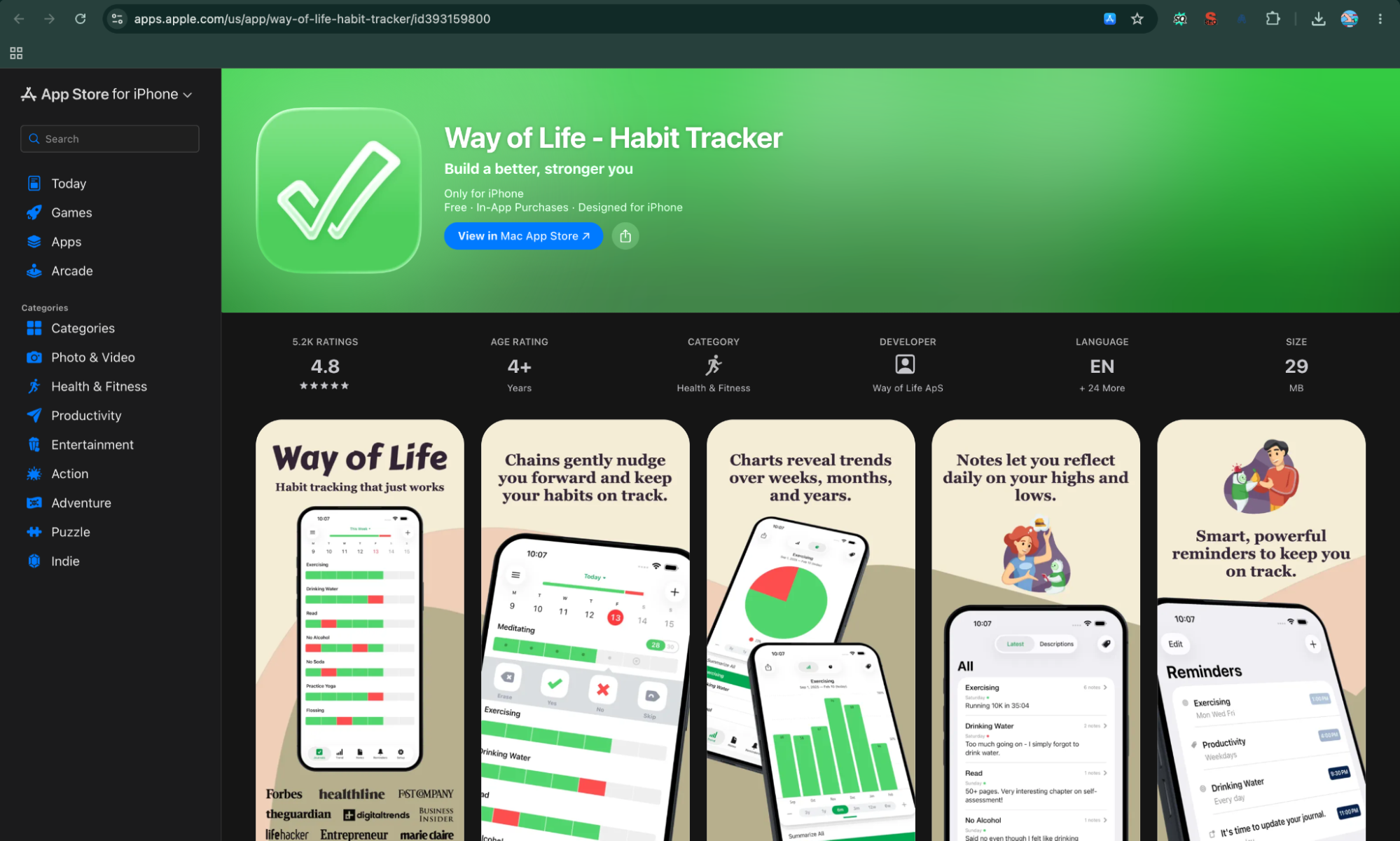 Screenshot of the Apple App Store page for "Way of Life - Habit Tracker," showcasing its green header banner, 4.8-star rating, and preview screens featuring color-coded habit chains, analytical charts, daily reflection notes, and custom reminders.