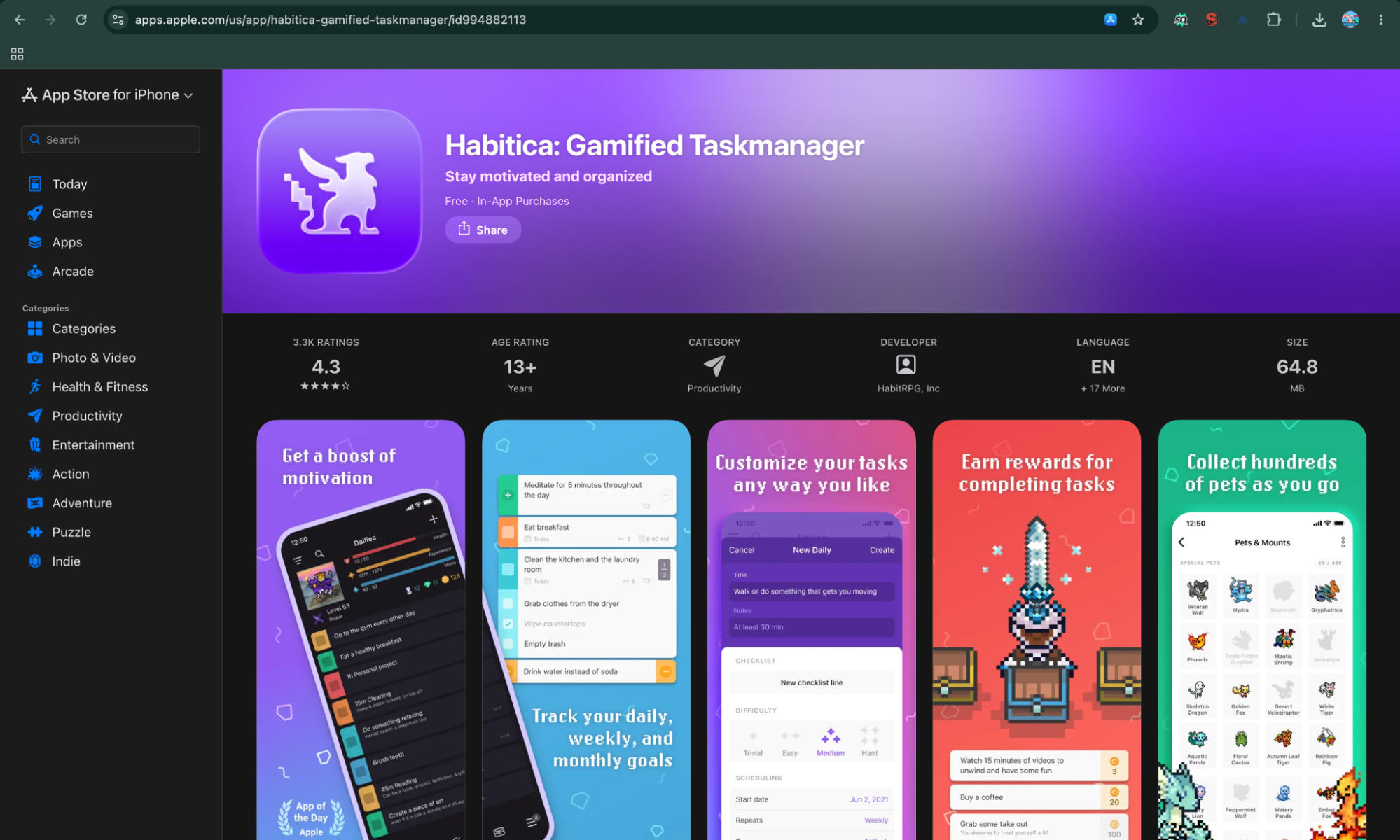 Screenshot of the Apple App Store page for "Habitica: Gamified Taskmanager," featuring its purple banner, 4.3-star rating, and preview screens highlighting RPG-style task customization, daily goal tracking, task rewards, and collectible pets.