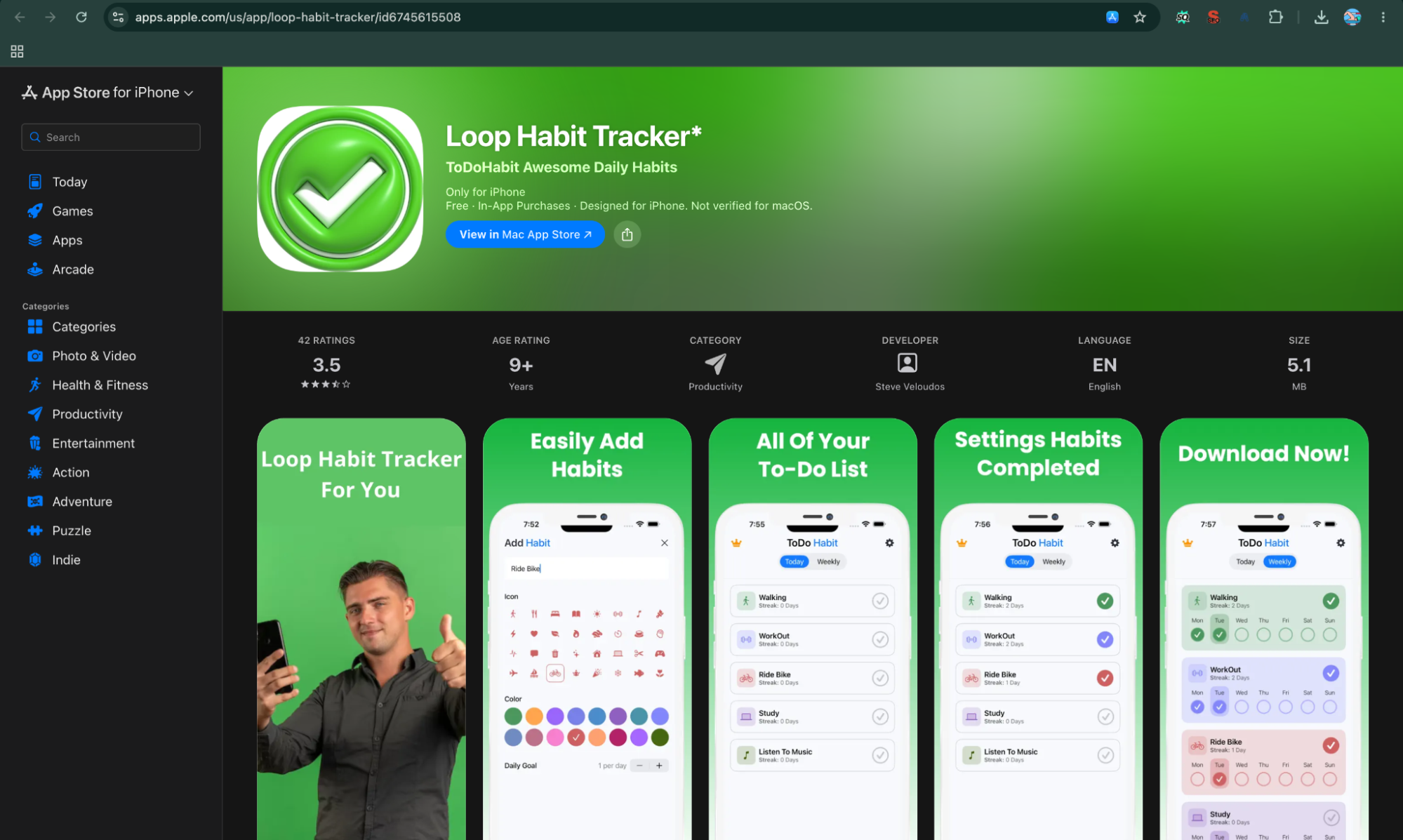 Screenshot of the Apple App Store page for "Streaks," showcasing its orange branding header, 4.8-star rating, Editor's Choice badge, and colorful preview screens illustrating habit tracking, task completion statistics, and custom goal settings.