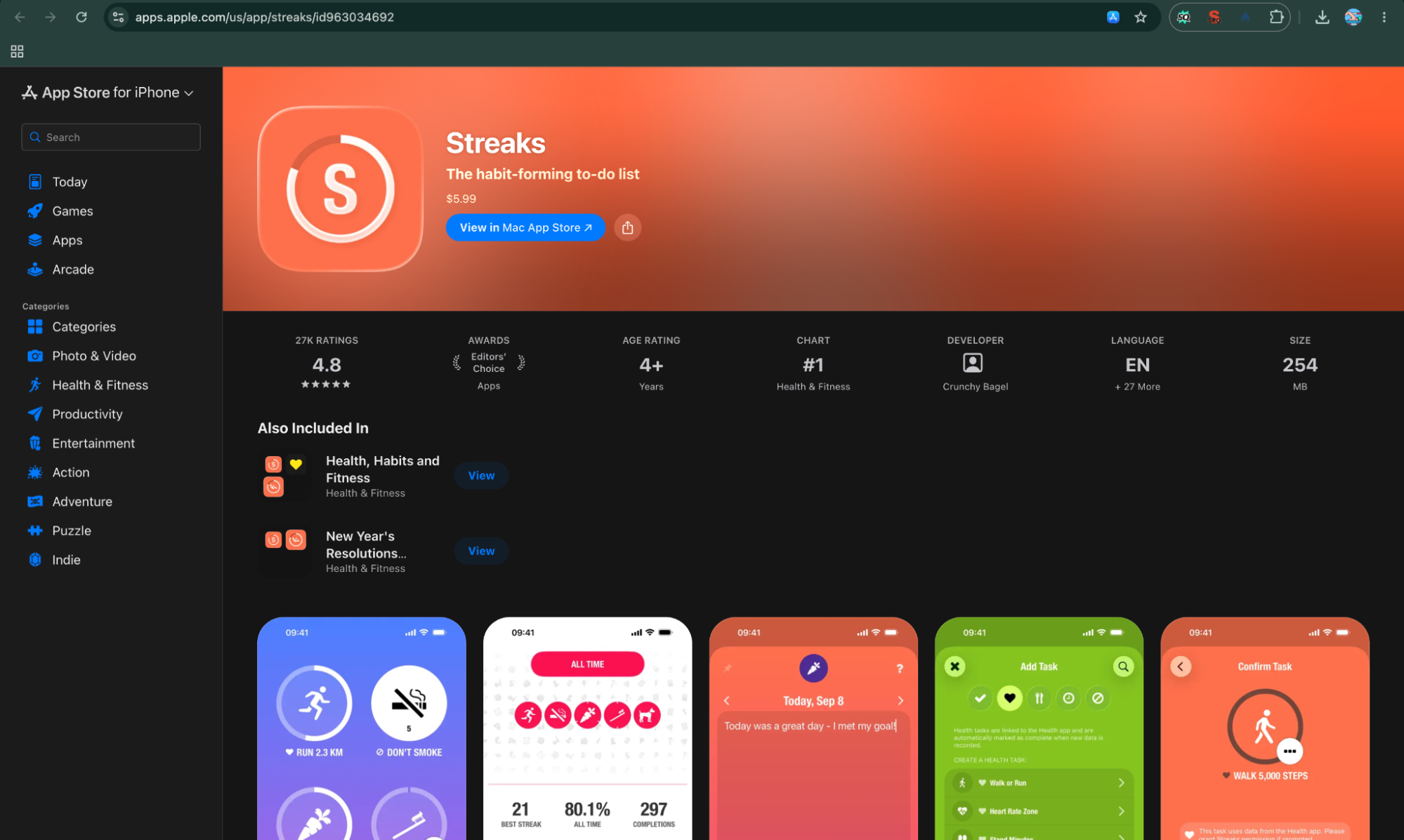 Screenshot of the Apple App Store page for "Streaks," showcasing its orange branding header, 4.8-star rating, Editor's Choice badge, and colorful preview screens illustrating habit tracking, task completion statistics, and custom goal settings.