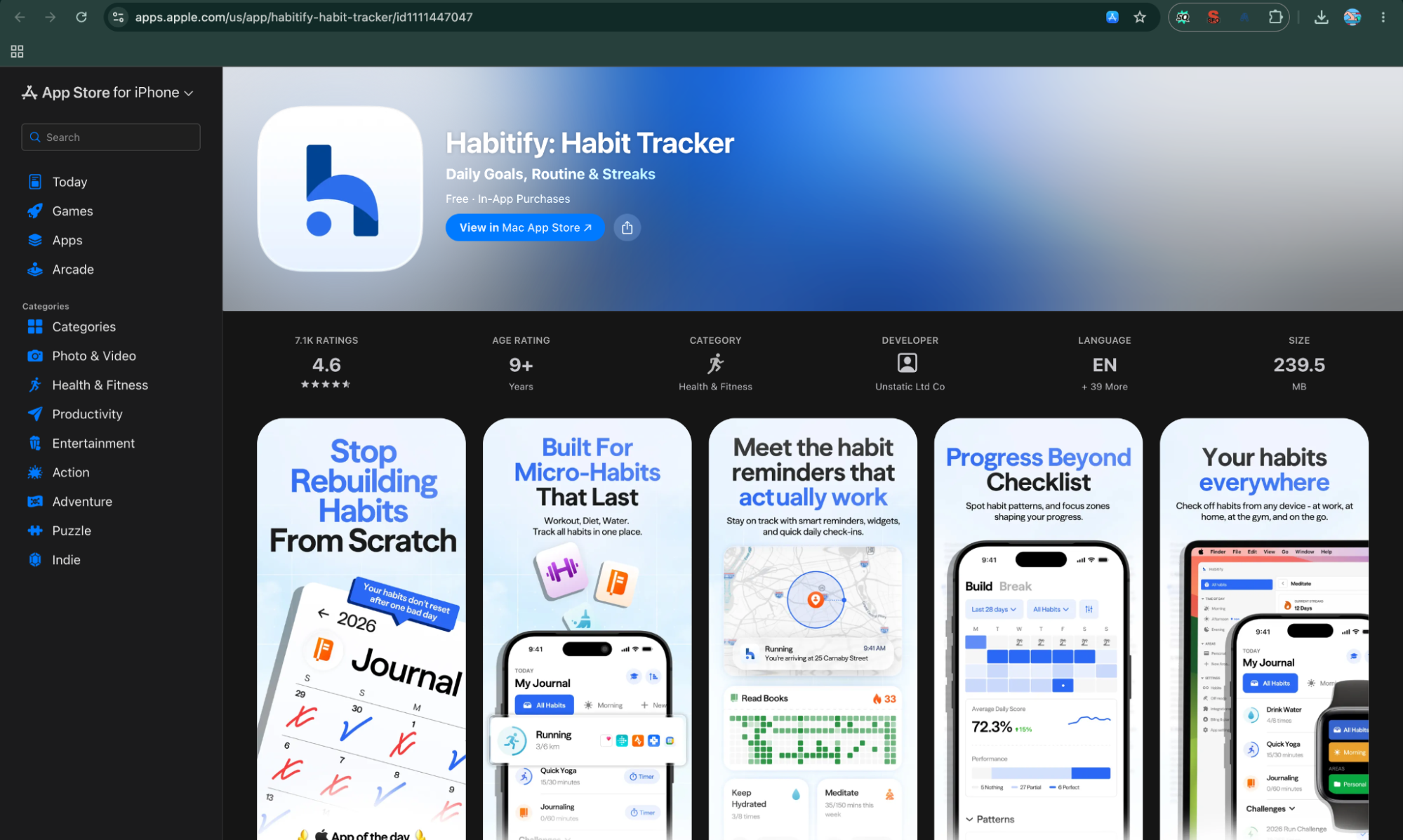 Screenshot of the Apple App Store page for "Habitify: Habit Tracker," displaying its logo, 4.6-star rating, and preview cards highlighting core features like micro-habit tracking, custom reminders, progress analytics, and cross-device sync.