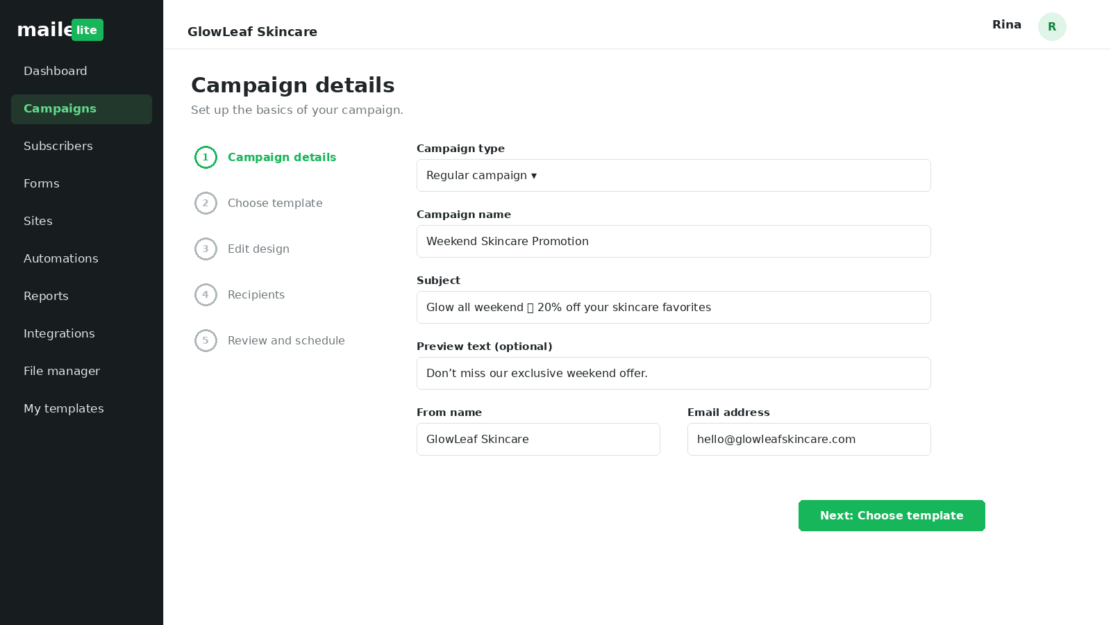 MailerLite campaign setup screen showing campaign type, campaign name, subject line, preview text and sender details.