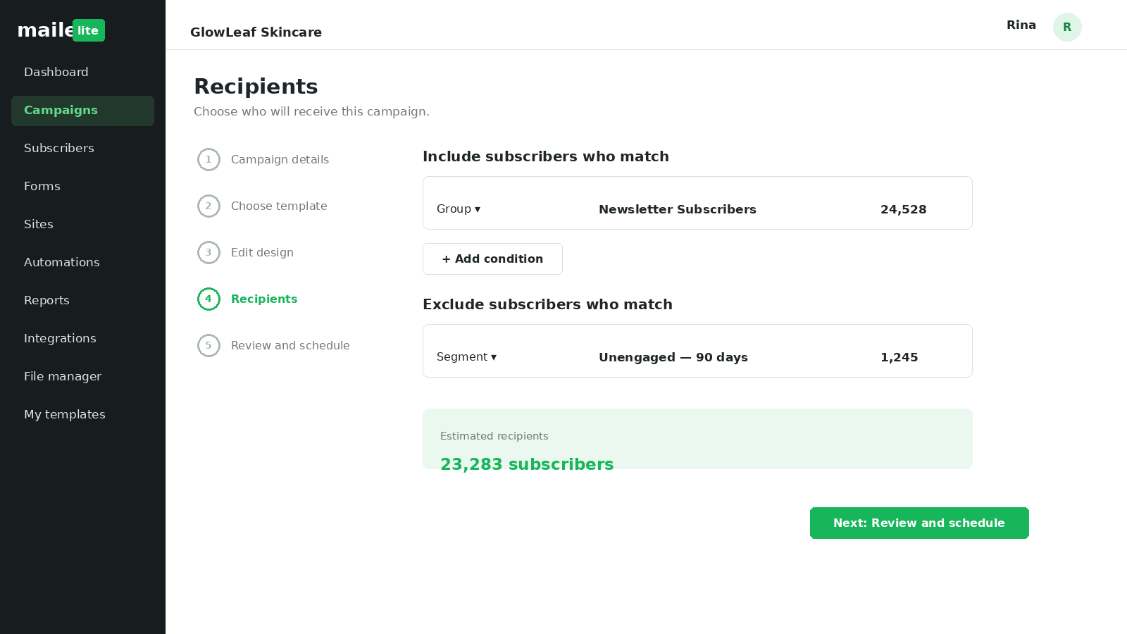 MailerLite recipient selection screen showing included subscriber groups, excluded segments and estimated recipient count.