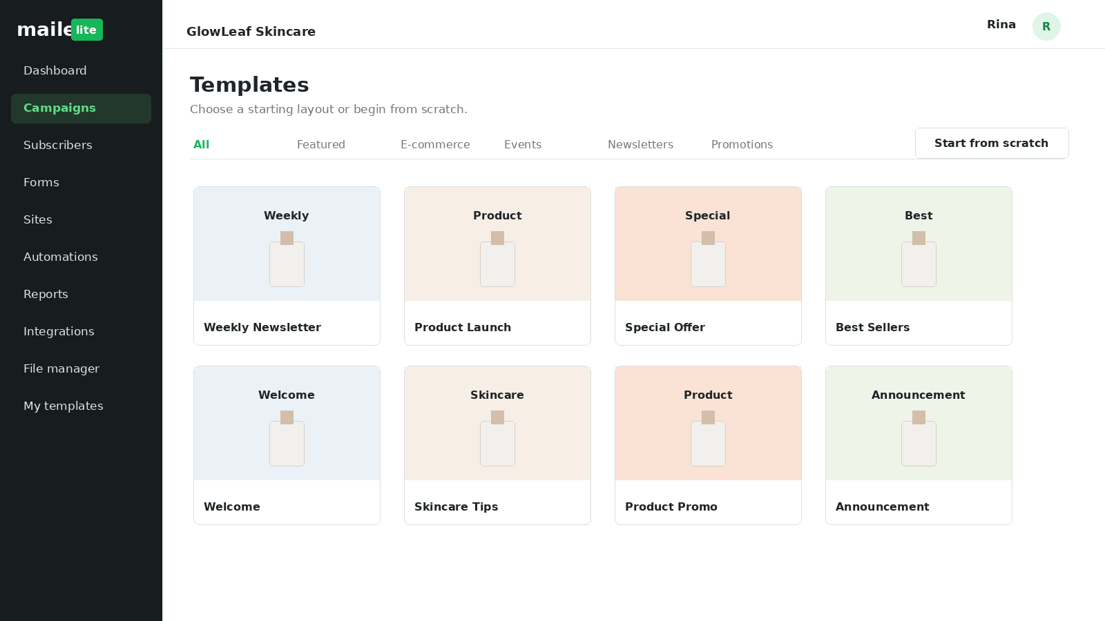 MailerLite template gallery showing newsletter, product, promotional and announcement email templates with a start-from-scratch option.