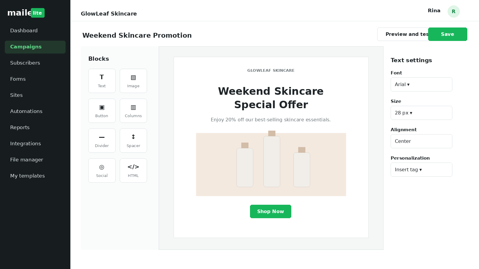 MailerLite drag-and-drop email editor showing content blocks, text settings and a weekend skincare promotional email.