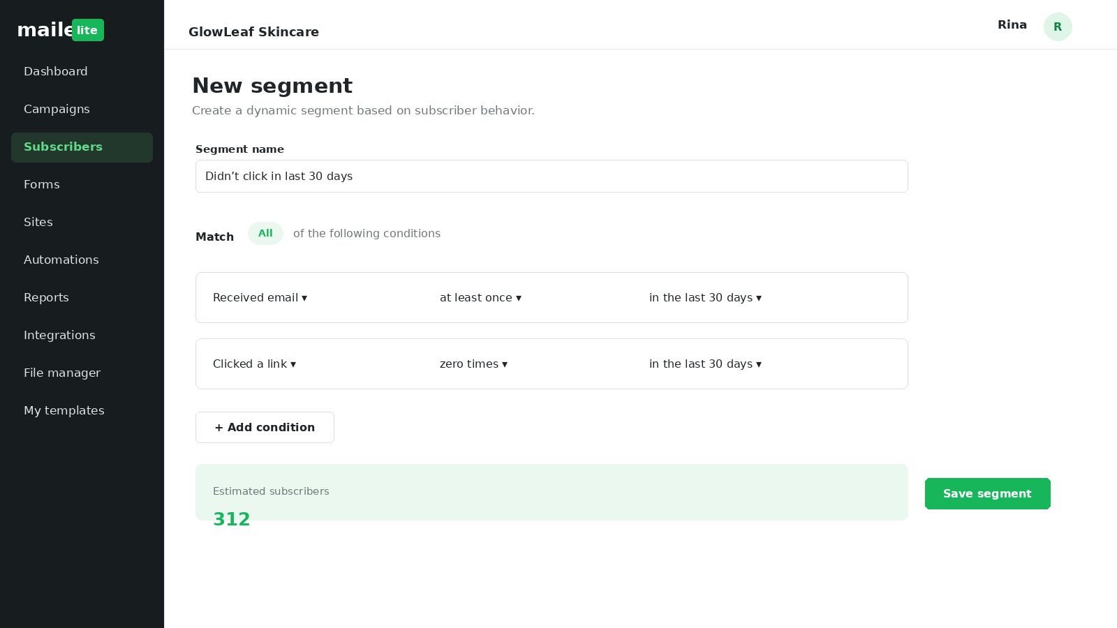 MailerLite dynamic segment builder showing subscriber behavior conditions and the estimated number of matching subscribers.