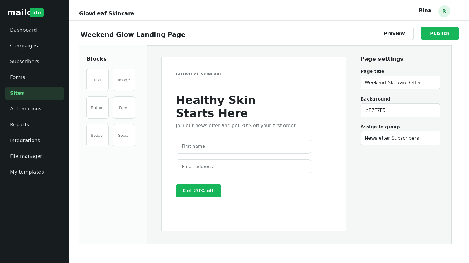 MailerLite landing page builder showing content blocks, page settings, signup fields and subscriber group assignment.
