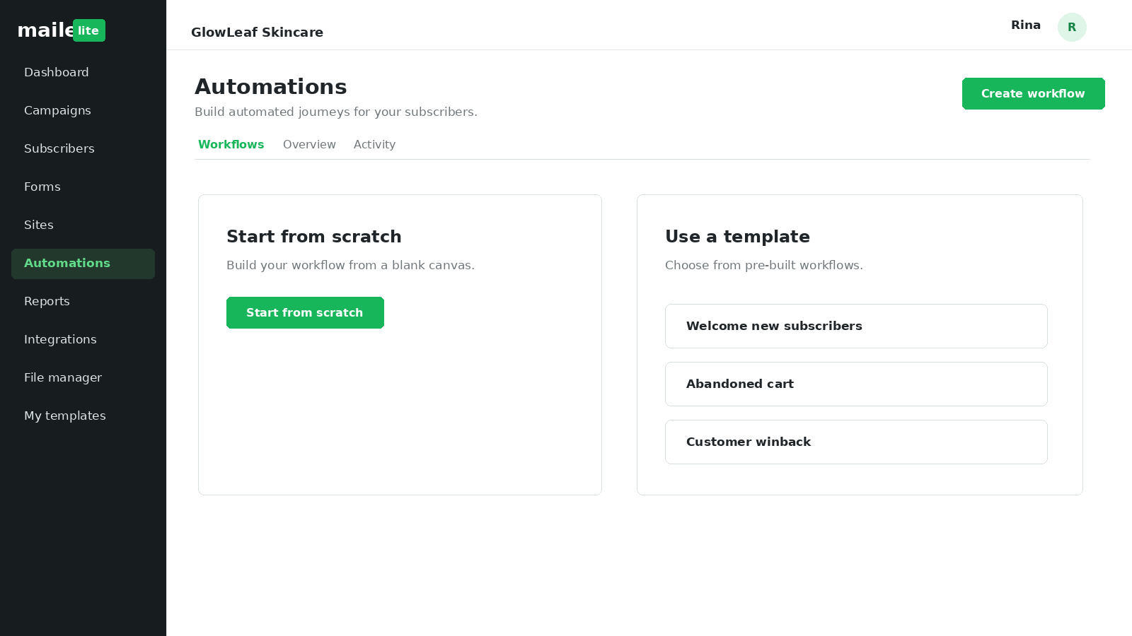 MailerLite automation screen showing options to start a workflow from scratch or use prebuilt automation templates.