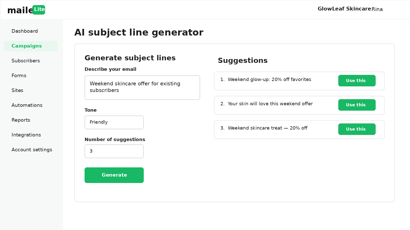 MailerLite AI subject line generator showing campaign description, tone setting and generated subject line suggestions.