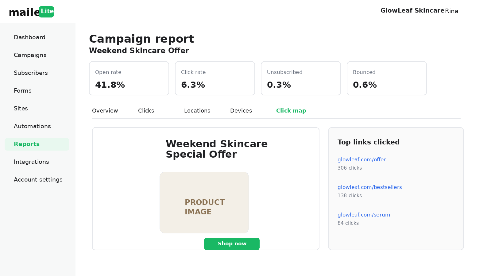 MailerLite campaign report showing open rate, click rate, unsubscribes, bounces, click map and top clicked links.