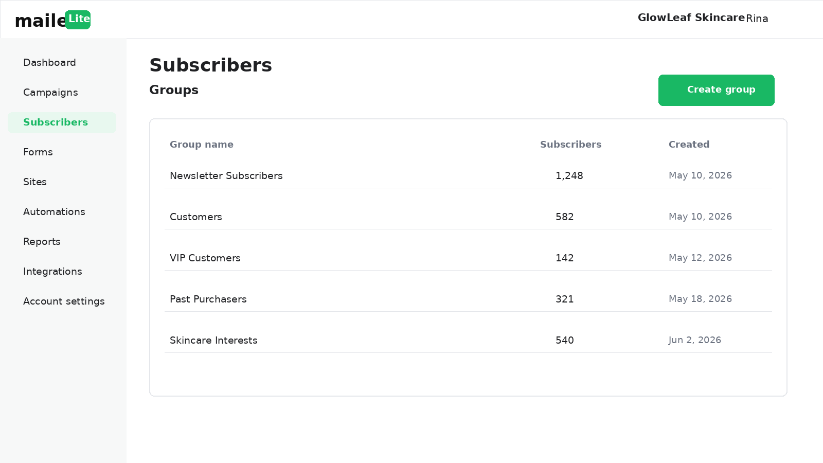 MailerLite group management screen showing subscriber groups, member counts and the option to create a new group.