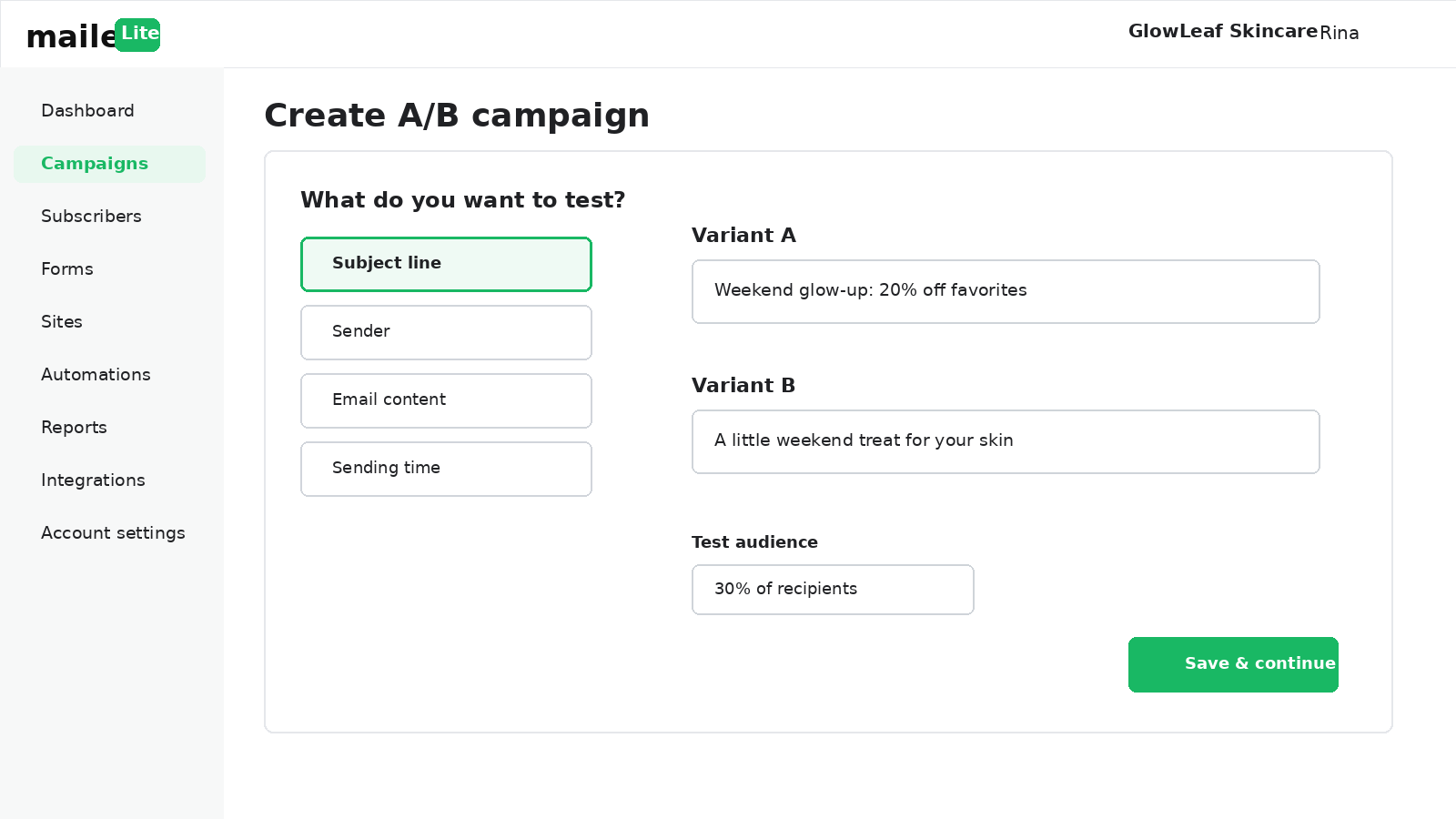 MailerLite A/B campaign setup showing subject line variants A and B and the selected test audience percentage.