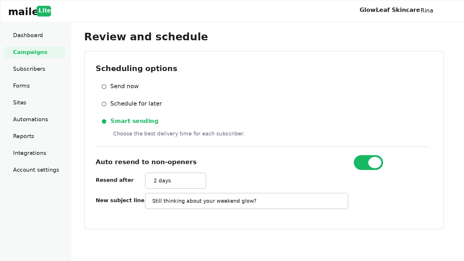 MailerLite scheduling screen showing smart sending and automatic resend settings for subscribers who did not open the first email.