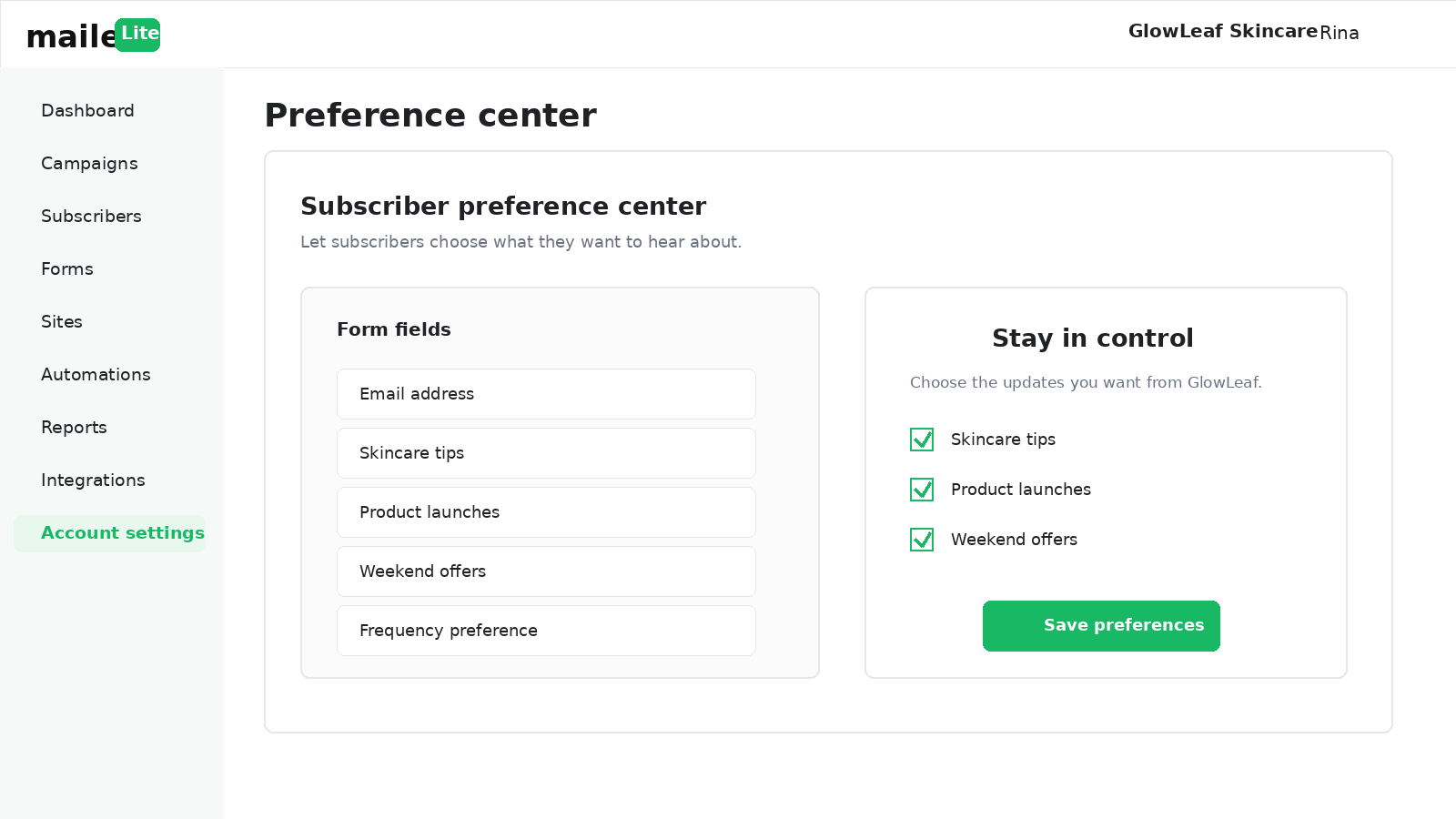 MailerLite subscriber preference center showing email topic choices, frequency preferences and a save preferences button.