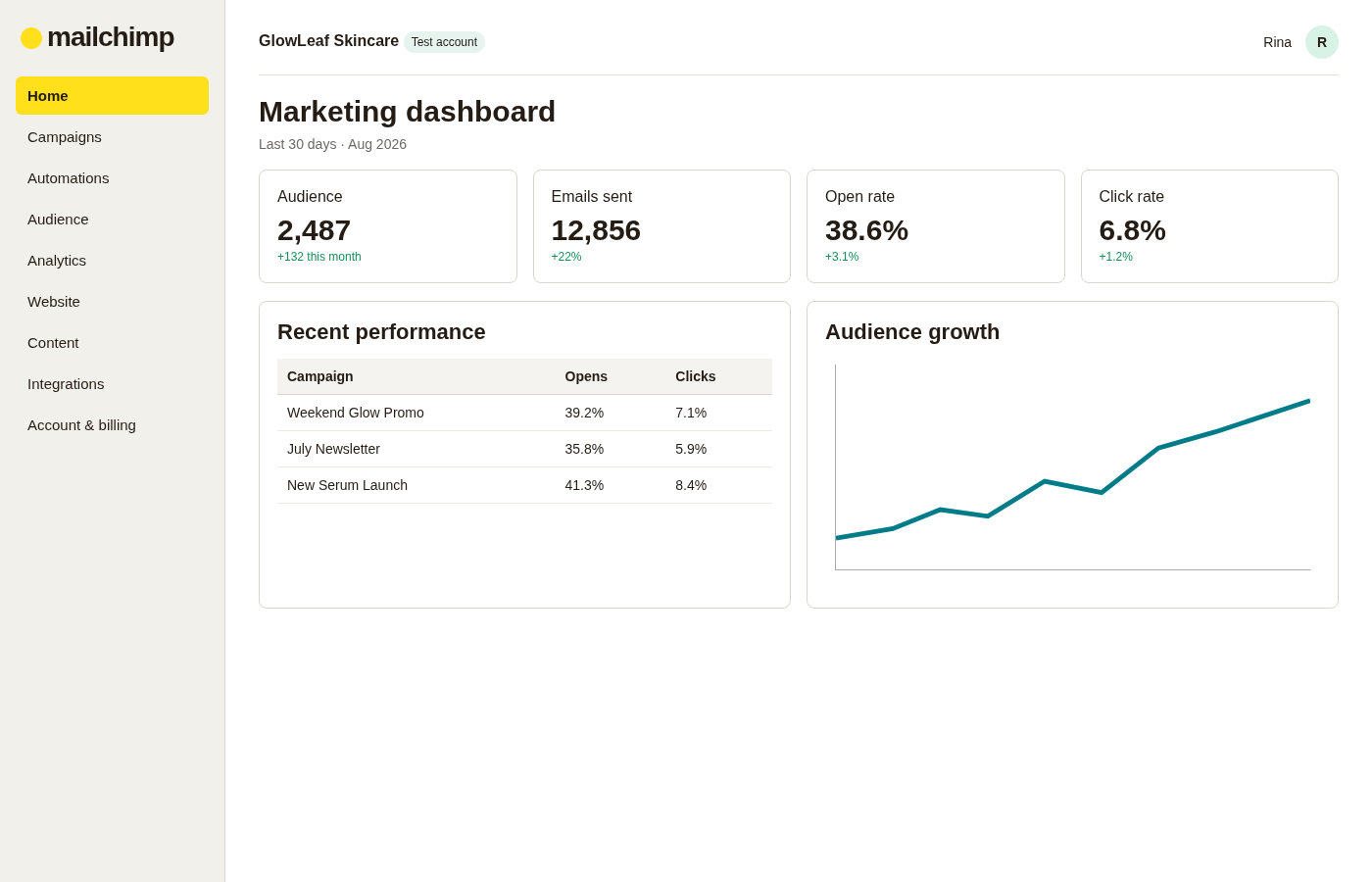 Mailchimp marketing dashboard showing audience size, emails sent, open rate, click rate, recent campaign performance and audience growth.