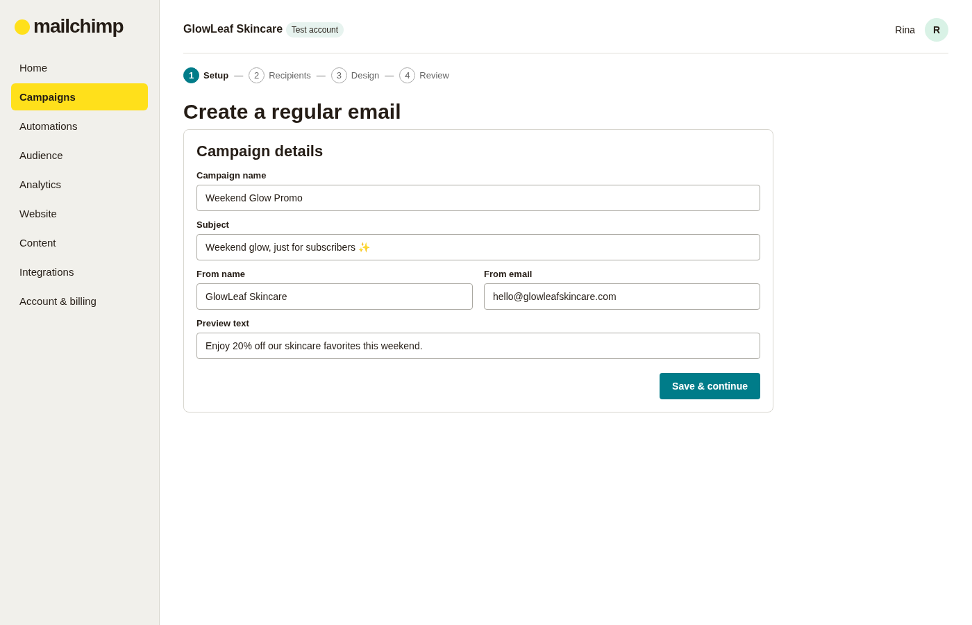 Mailchimp campaign setup screen showing campaign name, subject line, sender details and preview text for a regular email.