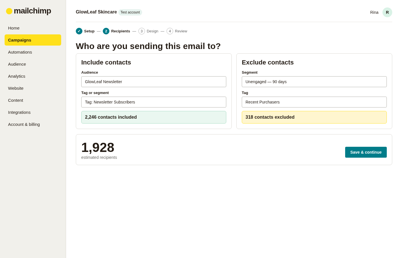 Mailchimp recipient selection screen showing included contacts, excluded contacts, audience rules and estimated recipients.