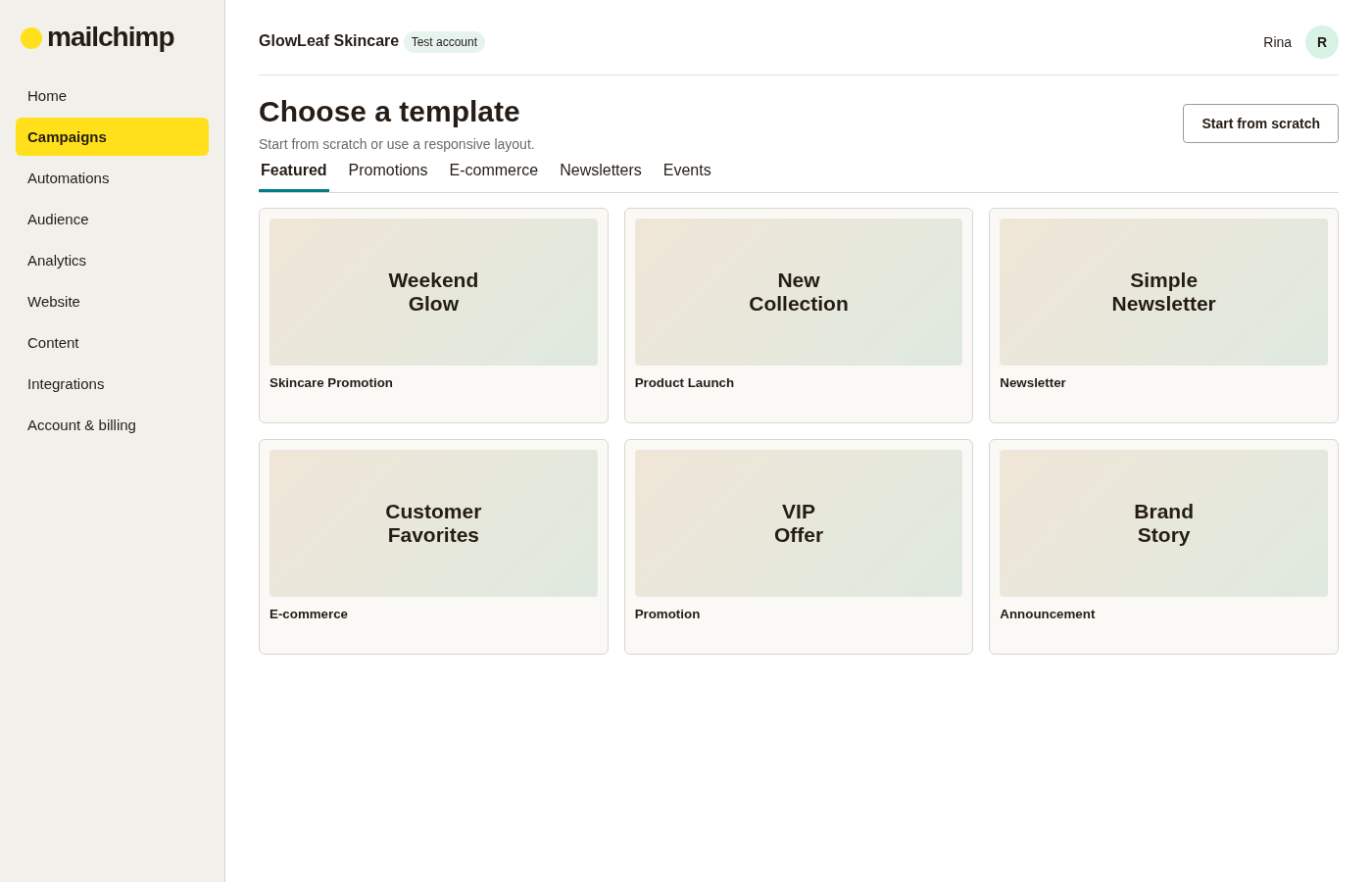 Mailchimp template gallery showing promotional, ecommerce, newsletter and announcement email templates with a start-from-scratch option.